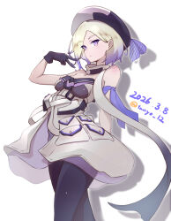  1girl bare_shoulders beret black_gloves black_pantyhose blonde_hair blue_eyes blue_hair breasts commentary_request cowboy_shot dated dress gloves gradient_hair hat highres jean_bart_(kancolle) kantai_collection mole mole_under_eye multicolored_hair pale_skin pantyhose scarf short_hair solo strapless strapless_dress tanyou two-tone_hair two-tone_headwear white_background white_hat 
