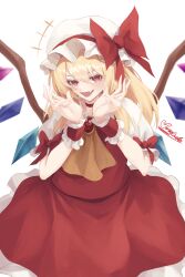  1girl :d absurdres ascot blonde_hair blush commentary_request crystal_wings fang flandre_scarlet hair_between_eyes hands_up hat hat_ribbon highres long_hair looking_at_viewer medium_skirt pennosuke red_eyes red_ribbon red_skirt red_vest ribbon shirt side_ponytail skirt smile solo touhou vest white_shirt wings yellow_ascot 