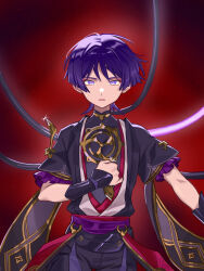  1boy arm_at_side armor black_bodysuit black_kimono black_shorts black_sleeves blunt_ends bodysuit cable choppy_bangs commentary_request cowboy_shot eyeliner frilled_sleeves frills furisode genshin_impact glint gold gold_trim hand_on_own_chest japanese_armor japanese_clothes jewelry juban kimono kote kurokote layered_sleeves looking_at_viewer makeup male_focus mandarin_collar mitsudomoe_(shape) momonga_damon neck_ring o-ring open_clothes open_kimono open_mouth purple_hair purple_sash purple_sleeves red_background red_eyeliner red_kimono red_sash sash scaramouche_(genshin_impact) short_sleeves shorts single_sode solo straight-on tomoe_(symbol) violet_eyes white_kimono 
