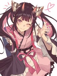  1boy animal_ears black_hair cho_kaguya-hime! crossdressing crossdressing_(mtf) den_dendayo heart highres horns japanese_clothes kimono komazawa_noi long_hair looking_at_viewer male_focus multicolored_hair one_eye_closed pink_eyes pink_hair simple_background smile solo tiger_ears trap twintails two-tone_hair white_background 