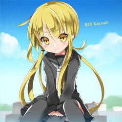  1girl black_sailor_collar black_serafuku black_skirt blonde_hair blue_sky blush clouds commentary day grey_neckerchief hair_between_eyes kamiyoshi_rika kantai_collection long_hair long_sleeves looking_at_viewer low_twintails neckerchief outdoors sailor_collar satsuki_(kancolle) school_uniform serafuku sitting skirt sky smile solo twintails very_long_hair yellow_eyes 