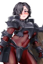  1girl absurdres armor axe battle_axe berengaria_(unicorn_overlord) black_hair blush bodysuit breastplate brown_bodysuit commentary_request double-sided_axe hair_over_eyes highres holding holding_axe holding_shield muscular muscular_female red_bodysuit shield shoulder_plates simple_background spiked_armor spikes toned unicorn_overlord weapon yequo_(trample_rigger) 