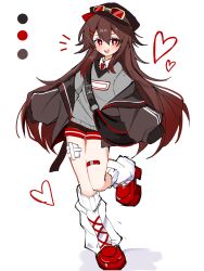  1girl bag bandaid black_hat black_jacket brown_hair collared_shirt commentary_request eyewear_on_headwear flower-shaped_pupils genshin_impact grey_sweater_vest hair_ornament hairpin hat highres hu_tao_(genshin_impact) jacket long_hair loose_socks necktie open_mouth platform_shoes red_eyes red_necktie red_shoes shirt shoes smile socks sweater_vest symbol-shaped_pupils watari_0208 