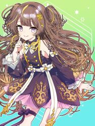  1girl anya_melfissa anya_melfissa_(1st_costume) black_dress brown_hair commentary detached_sleeves dress english_commentary gradient_background highres hololive hololive_indonesia index_finger_raised leg_ribbon long_hair ribbon smile thigh_ribbon two_side_up very_long_hair violet_eyes virtual_youtuber zaki_zaki_zaki 