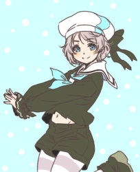  1girl black_serafuku black_shorts blue_background blue_eyes blue_neckerchief blush boots brown_hair commentary_request dot_nose from_side grey_hair hands_up hat looking_at_viewer love_live! love_live!_sunshine!! midriff navel neckerchief necktie pantyhose polka_dot polka_dot_background puffy_sleeves ribbon sailor_collar school_uniform serafuku shinanoya_(satanicad) shorts simple_background smile solo stomach striped_clothes striped_headwear striped_pantyhose thighs upper_body watanabe_you white_background 