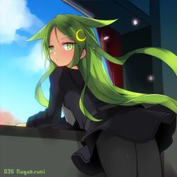  1girl black_pantyhose black_sailor_collar black_serafuku blush character_name clouds commentary crescent crescent_hair_ornament day from_behind green_eyes green_hair hair_flaps hair_ornament kamiyoshi_rika kantai_collection leaning_forward long_hair long_sleeves looking_at_viewer looking_back nagatsuki_(kancolle) pantyhose parted_lips petals sailor_collar school_uniform serafuku skirt sky solo thighband_pantyhose very_long_hair 
