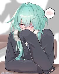  1boy anaxa_(honkai:_star_rail) aqua_hair averting_eyes black_sweater blue_eyes blush chair chrysos_heirs_school_uniform commentary_request covering_own_mouth desk embarrassed hair_between_eyes hair_intakes hair_over_shoulder hand_up headphones headphones_around_neck highres honkai:_star_rail honkai_(series) long_hair male_focus necktie official_alternate_costume on_chair ponytail red_pupils rin010mnyfzr school_chair school_desk school_uniform sitting sleeves_past_wrists solo speech_bubble spoken_blush striped_clothes striped_necktie sweater twitter_username upper_body white_background 
