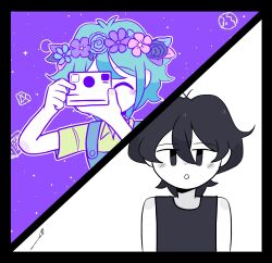  2boys :o ^_^ antenna_hair basil_(headspace)_(omori) basil_(omori) black_border black_eyes black_hair black_tank_top blue_overalls blush border camera closed_eyes double-parted_bangs flower_wreath green_hair green_shirt hair_between_eyes hashtag-only_commentary highres holding holding_camera justmaybelii light_blush light_particles multiple_boys omori omori_(omori) open_mouth outline overalls polaroid_camera purple_background shirt short_hair short_sleeves spiky_hair split_screen taking_picture tank_top upper_body white_outline 