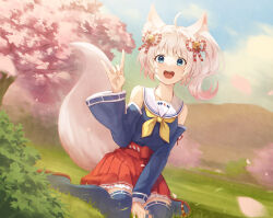  1girl :d animal_ear_fluff animal_ears bell blue_eyes blue_shirt blue_sky blue_sleeves blue_thighhighs breasts character_request cherry_blossoms clouds cloudy_sky collarbone copyright_request day detached_sleeves dutch_angle falling_petals flip-flops fox_ears fox_girl fox_shadow_puppet fox_tail frilled_skirt frills grass hair_bell hair_ornament hand_between_thighs hand_up highres jingle_bell long_sleeves looking_at_viewer medium_hair miniskirt mountain multicolored_thighhighs nuenue on_ground one_side_up open_mouth outdoors petals pink_hair pink_petals red_sandals red_skirt sailor_collar sailor_shirt sandals shirt sitting skirt sky small_breasts smile solo straight-on tail teeth thigh-highs tongue two-tone_skirt two-tone_sleeves two-tone_thighhighs upper_teeth_only wariza white_sailor_collar white_skirt white_sleeves white_thighhighs wide_sleeves zettai_ryouiki 