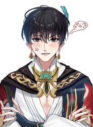  1boy anger_vein black_eyes black_hair brooch clothing_request cosplay crossed_arms flustered genshin_impact grin highres jewelry kaveh_(genshin_impact) kaveh_(genshin_impact)_(cosplay) kim_dokja male_focus ochanomuu omniscient_reader's_viewpoint parted_lips pectoral_cleavage pectorals short_hair smile solo upper_body 