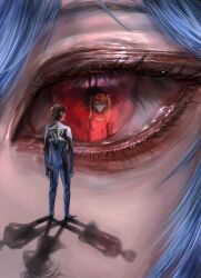  1boy 2girls ayanami_rei bodysuit close-up commentary crystal_eye doeun_o_o eye_focus eye_reflection highres ikari_shinji mecha_pilot_suit multiple_girls neon_genesis_evangelion persona_eyes plugsuit_(evangelion) red_bodysuit reflection souryuu_asuka_langley untranslatable_commentary 