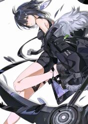  1girl absurdres ahoge arknights artist_name bare_shoulders black_coat black_hair black_jacket black_shorts breasts brown_eyes coat commentary english_commentary feathers fur-trimmed_jacket fur_trim hair_ornament hairclip highres holding holding_scythe jacket la_pluma_(arknights) looking_at_viewer off_shoulder open_clothes poxiao_buff quill scythe shirt short_hair short_shorts shorts signature simple_background sleeveless sleeveless_shirt small_breasts solo thigh_strap weapon white_background 