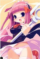  disgaea fang jpeg_artifacts mage_(disgaea) panties pantyshot pink_hair ribbon ribbons staff thighhighs underwear zankuro 