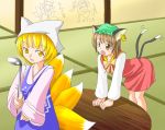  blonde_hair brown_eyes brown_hair cat_ears cat_tail chen des earrings fox_tail hat jewelry ladle multiple_tails short_hair tail touhou yakumo_ran yakumo_yukari 