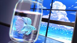  absurdres air_bubble animal beach bubble clouds commentary cumulonimbus_cloud english_commentary fish highres jar nap_on_a_cloud no_humans ocean original revision siamese_fighting_fish summer table tropical_fish water window 