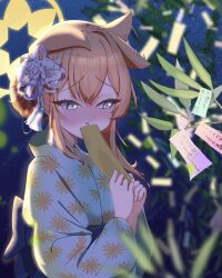  1girl absurdres alternate_costume alternate_hairstyle animal_ear_fluff animal_ears averting_eyes blue_archive blue_sash blush cat_ears cat_girl commentary_request floral_print floral_print_kimono flower hair_bun hair_flower hair_ornament halo highres holding holding_paper japanese_clothes kimono kotoringo2525 looking_to_the_side mari_(blue_archive) night orange_hair paper print_kimono sash sky solo white_flower white_kimono yellow_halo 