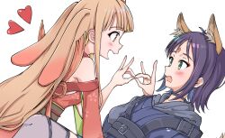  2girls animal_ears black_choker blonde_hair blue_hoodie blush cho_kaguya-hime! choker commentary_request forehead_jewel fox_ears fox_shadow_puppet fox_shadow_puppet_kiss green_eyes heart highres hood hoodie japanese_clothes kaguya_(cho_kaguya-hime!) kimono long_hair medium_hair multiple_girls open_mouth purple_hair rabbit_ears red_kimono sakayori_iroha simple_background tainanstation white_background yellow_eyes yuri 