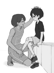  2boys alternate_costume bandaid bandaid_on_knee bandaid_on_leg blush closed_eyes collarbone commentary_request dark-skinned_male dark_skin greyscale hand_on_another's_head headpat highres kel_(faraway)_(omori) kel_(omori) leg_hair looking_at_another male_focus monochrome multiple_boys omori on_one_knee open_mouth parted_lips rami_1300 shirt shoes short_hair short_sleeves shorts simple_background sitting smile sneakers socks sunny_(omori) sweatdrop t-shirt tearing_up 