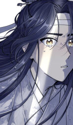  1boy black_hair chinese_clothes commentary_request crying crying_with_eyes_open hair_between_eyes hanfu headband highres korean_commentary lan_wangji long_hair looking_at_viewer male_focus melmerry modao_zushi parted_lips portrait simple_background solo tearing_up tears upper_body white_background white_hanfu white_headband wide-eyed xiao_guan_(headdress) yellow_eyes 