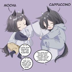  00017s 2girls absurdres animal_ears artist_name black_hair black_socks character_name child closed_eyes commentary cowlick drooling english_commentary english_text full_body hair_between_eyes highres horse_ears horse_girl horse_tail hugging_object if_they_mated long_hair manhattan_cafe_(umamusume) medium_hair multiple_girls open_mouth original pillow pillow_hug purple_background siblings simple_background sleeping socks speech_bubble spoken_character tail umamusume 