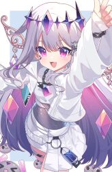  1girl blush breasts chest_jewel colored_inner_hair covered_navel dress eskimofox gem grey_hair highres hololive hololive_english jewel_under_eye koseki_bijou long_hair looking_at_viewer multicolored_hair open_mouth pink_hair purple_gem purple_hair simple_background smile solo very_long_hair violet_eyes virtual_youtuber 