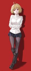  1girl against_wall ahoge arcueid_brunestud blonde_hair blue_skirt blush boots breasts brown_boots brown_pantyhose buckle_boot commentary_request crossed_arms crossed_legs facing_viewer hair_intakes highres hirekatsu-kan huge_breasts light_smile looking_at_viewer miniskirt pantyhose plaid_clothes plaid_skirt red_background red_eyes short_hair sidelocks skirt smile solo standing sweater tsukihime tsukihime_(remake) turtleneck turtleneck_sweater white_sweater 