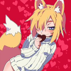  1girl absurdres animal_ears blonde_hair blue_eyes breasts candy chocolate embarrassed food fox_ears fox_girl fox_tail hair_over_one_eye heart heart-shaped_chocolate heart-shaped_food highres looking_at_viewer original red_background short_hair small_breasts solo sweater tail turtleneck turtleneck_sweater uzuki_tenchan valentine 