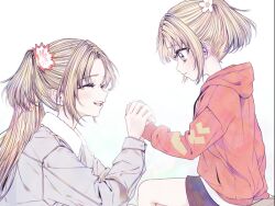  2girls 596_(_gokuraku_joudo) :d ^_^ aged_down black_shorts blonde_hair blush closed_eyes collared_jacket commentary_request dual_persona echoes_beyond_(love_live!) fang grabbing_another's_hand grey_eyes grey_jacket highres hood hood_down hoodie jacket link!_like!_love_live! lone_nape_hair long_hair looking_at_another love_live! multiple_girls open_mouth orange_hoodie osawa_rurino osawa_rurino_(young) parted_lips short_hair short_twintails shorts sidelocks simple_background smile time_paradox twintails virtual_youtuber white_background 