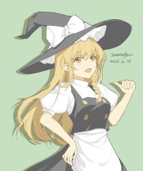  1girl :d apron artist_name black_hat black_skirt black_vest blonde_hair bow braid buttons commentary_request dated drop_shadow frilled_apron frills hair_bow hand_on_own_hip hand_up hat hat_bow highres kirisame_marisa long_hair looking_at_viewer momoverflow open_mouth pointing pointing_at_self pointing_with_thumb puffy_short_sleeves puffy_sleeves shirt short_sleeves single_braid skirt smile solo touhou vest waist_apron white_apron white_bow white_shirt witch_hat yellow_eyes 