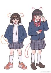  2girls aged_down animal_ears animification black_hair black_shoes blazer blue_jacket bow bowtie brown_eyes cat_ears cat_tail cellphone closed_mouth collared_shirt colored_inner_hair commentary_request date_sayuri dog_ears dog_tail drawn_ears drawn_tail full_body grey_skirt hands_in_pockets highres holding holding_phone hood hoodie jacket kawa_(chuan_kawa_) kneehighs loafers long_hair medium_skirt multicolored_hair multiple_girls open_clothes open_jacket orange_shoes phone pink_bow pink_bowtie plaid_clothes plaid_skirt pleated_skirt real_life red_hair school_uniform shirt shoes simple_background skirt smartphone smile sneakers socks tail voice_actor white_background white_hoodie white_shirt white_socks yabushima_akane 