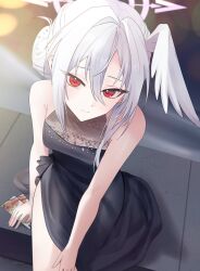  1girl absurdres alternate_costume alternate_hairstyle black_dress blue_archive commentary_request dress grey_hair hair_bun halo head_wings highres looking_at_viewer pink_halo red_eyes single_head_wing single_wing sitting sleeveless sleeveless_dress suzumi_(blue_archive) tax_(zeita_gundam) ticket wings 