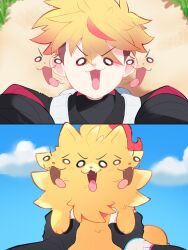  absurdres afterimage clouds commentary dog english_commentary fangs highres multicolored_hair open_mouth orange_fur orange_hair outdoors pokemon pokemon_(creature) pokemon_ww pombon red_hair short_hair tongue tongue_out zahir_zb7 