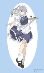  1girl absurdres apron artist_name back_bow between_fingers black_shoes blue_background blue_dress blue_eyes blue_skirt bow braid cake cherry closed_mouth collared_shirt commentary_request cup dated dress drinking_glass floating food frilled_apron frilled_skirt frills fruit full_body gloves green_bow green_ribbon grey_hair hair_between_eyes hair_bow highres holding holding_knife holding_tray izayoi_sakuya knife light_smile looking_at_viewer maid maid_headdress mary_janes momoverflow neck_ribbon puffy_short_sleeves puffy_sleeves ribbon shirt shoes short_hair short_sleeves skirt sleeveless sleeveless_dress socks solo touhou tray twin_braids waist_apron white_apron white_bow white_gloves white_headdress white_shirt white_socks wine_glass 