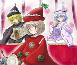  bachi drum flute flx hat instrument lunasa_prismriver lyrica_prismriver merlin_prismriver multiple_girls plectrum shamisen siblings sisters touhou 