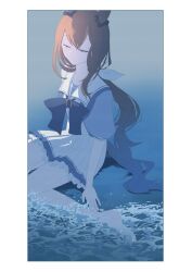  1girl admire_vega_(umamusume) animal_ears beach blush bow bowtie breasts brown_hair closed_mouth commentary ear_covers hair_between_eyes highres horse_ears horse_girl horse_tail long_hair looking_at_viewer low_ponytail mukai_saki outdoors pleated_skirt ponytail puffy_short_sleeves puffy_sleeves purple_bow purple_bowtie purple_shirt sailor_collar sailor_shirt school_uniform shirt short_sleeves single_ear_cover sitting skirt tail tracen_school_uniform umamusume wariza water white_sailor_collar white_skirt 