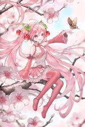  1girl blush branch breasts brown_butterfly bug butterfly cherry_blossoms cherry_hair_ornament collared_shirt commentary_request detached_sleeves floral_print flower food-themed_hair_ornament full_body hair_between_eyes hair_ornament hatsune_miku headphones highres long_hair long_legs long_sleeves looking_at_viewer medium_breasts miku_day miniskirt necktie niwako official_alternate_costume open_mouth pink_eyes pink_flower pink_hair pink_necktie pink_skirt pleated_skirt reaching reaching_towards_viewer sakura_miku shirt sitting sitting_on_branch skirt sleeveless sleeveless_shirt solo tie_clip twintails very_long_hair vocaloid white_trim wide_sleeves zettai_ryouiki 