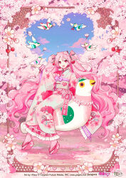  1girl :d artist_name bird braid cherry cherry_blossoms cherry_earrings cherry_hair_ornament clouds commentary_request company_name copyright_notice earrings food food-themed_earrings food-themed_hair_ornament fruit hair_ornament hatsune_miku heart highres ixima japanese_clothes jewelry kimono long_hair long_sleeves looking_at_viewer official_art okobo pink_eyes pink_hair pink_kimono pink_shoes pink_socks platform_sandals sakura_miku sandals second-party_source shoes sitting smile socks solo twintails very_long_hair vocaloid wide_sleeves 