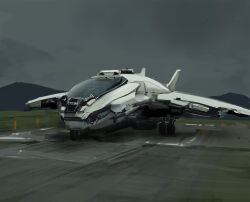  clouds cloudy_sky commentary day english_commentary highres macroblock mountainous_horizon no_humans original outdoors overcast plain runway science_fiction sky spacecraft vehicle_focus wings 