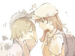  2girls :d :o ^^^ ^_^ animal_bag animal_print arm_up backpack bag baseball_cap bear_bag bear_print black_bag brown_eyes brown_hair closed_eyes collared_shirt face-to-face flat_cap flying_sweatdrops from_side hair_behind_ear hand_on_headwear hat height_difference long_hair looking_up motion_lines multiple_girls open_mouth original panda_bag panda_print parted_lips profile shirt short_hair short_sleeves sideways_mouth simple_background smile sweater_vest tareme two_side_up upper_body wasabiwasabiwasawasa white_background white_shirt wing_collar 