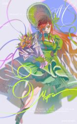  1girl 2026 ankle_boots artist_name blurry blurry_edges bonnet boots bouquet character_name character_request check_character closed_mouth commentary dress dutch_angle english_commentary english_text floating_hair flower foreground_text frilled_bonnet frills gloves green_bonnet green_dress green_eyes head_tilt high_heel_boots high_heels highres holding holding_bouquet lace_trim long_hair looking_at_viewer martographic original parted_bangs puffy_sleeves red_hair ribbon sidelocks smile solo text_background wing_collar women's_day 