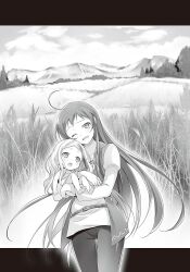  029 2girls ahoge arras_ramus belt blush breasts carrying child child_carry clouds cowboy_shot dress greyscale hataraku_maou-sama! highres jacket juliet_sleeves long_hair long_sidelocks long_sleeves monochrome mountain multiple_girls novel_illustration official_art open_clothes open_jacket open_mouth outdoors pants puffy_sleeves sidelocks sky sleeveless sleeveless_jacket smile standing teeth third-party_source upper_teeth_only wheat_field wide_shot yusa_emi 
