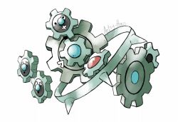  :< :o artist_name artsy-theo commentary evolutionary_line gears klang klink klinklang no_humans o_x open_mouth pokemon pokemon_(creature) pokemon_focus simple_background spikes white_background 