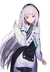  1girl absurdres braid closed_mouth commentary_request haru_(cevio) headphones highres light_smile long_hair looking_at_viewer misho39 side_braid standing straight_hair white_background white_hair 