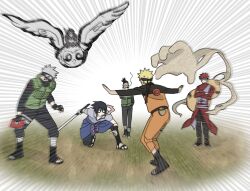  6+boys bird black_boots black_gloves black_hair black_headband black_mask black_pants black_sleeves blonde_hair book boots cigarette coat crop_top crossed_arms fighting_stance fingerless_gloves flak_jacket full_body gaara_(naruto) gloves gourd green_vest grey_hair hair_between_eyes hand_in_pocket hatake_kakashi headband headband_over_one_eye highres holding holding_book holding_cigarette holding_sword holding_weapon jacket konohagakure_shinobi_uniform konohagakure_symbol long_coat mask midriff mouth_mask multiple_boys nara_shikamaru naruto_(series) naruto_shippuuden okbdko123 on_one_knee open-toe_boots orange_jacket orange_pants outstretched_arms pants ponytail purple_vest red_coat red_hair riding riding_bird rope_belt sai_(naruto) sand short_hair smoking spiky_hair sweatdrop sword uchiha_sasuke uzumaki_naruto vest weapon 