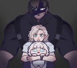  1boy 2girls beard_stubble black_shirt blind blind_eye blonde_hair blue_eyes carrying carrying_person chibi child emily_(resident_evil) facial_hair grace_ashcroft grey_hair hashtag-only_commentary highres leon_s._kennedy multiple_girls muscular muscular_male resident_evil resident_evil_requiem shirt stubble tall_male zngkkzr 