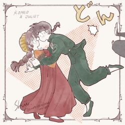  1boy 1girl braid brown_hair character_name commentary_request cosplay dress from_side green_pants green_shoes hetero hug juliet_capulet juliet_capulet_(cosplay) juliet_sleeves long_sleeves pants puffy_sleeves ranma_1/2 red_dress red_shoes saotome_ranma shii_rumic shoes single_braid tendou_akane 