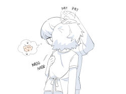  2boys apron dog greyscale hanamura_yousuke hand_on_another's_back hand_on_another's_head headpat kkyagdoyo164972 male_focus monochrome multiple_boys narukami_yu persona persona_4 shirt short_hair short_sleeves simple_background speech_bubble standing thought_bubble upper_body white_background 