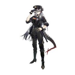  1girl adjusting_clothes adjusting_headwear arknights baton_(weapon) black_boots black_gloves black_hat black_pants black_shirt boots bulletproof_vest closed_mouth cuffs dragon_girl dragon_horns dragon_tail elbow_pads full_body gloves grey_hair hair_between_eyes hand_on_headwear hand_on_own_hip hat horns knee_boots knee_pads long_hair looking_at_viewer norizc official_alternate_costume official_art orange_eyes pants peaked_cap police police_hat police_uniform policewoman pouch saria_(arknights) shirt shoulder_pads single_glove sleeves_rolled_up solo standing tactical_clothes tail thigh_pouch third-party_source transparent_background very_long_hair walkie-talkie weapon 