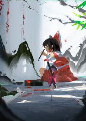  >_< 2girls absurdres bow bowl bowl_hat brown_hair calligraphy_brush commentary detached_sleeves drawing_(action) drawing_(object) frilled_bow frilled_hair_tubes frills hair_bow hair_tubes hakurei_reimu hashtag-only_commentary hat highres holding holding_calligraphy_brush holding_paintbrush japanese_clothes kimono koukouya long_hair mini_person minigirl multiple_girls paintbrush pink_kimono purple_hair red_bow red_skirt ribbon-trimmed_sleeves ribbon_trim short_hair skirt skirt_set sukuna_shinmyoumaru touhou 