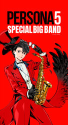  1boy amamiya_ren black_hair commentary commentary_request feathers formal_clothes gloves highres holding holding_instrument holding_trumpet instrument long_sleeves male_focus multiple_boys official_alternate_costume official_alternate_hairstyle official_art persona persona_5 red_suit second-party_source short_hair suit trumpet 